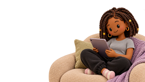 A character sits on a sofa using a tablet device.