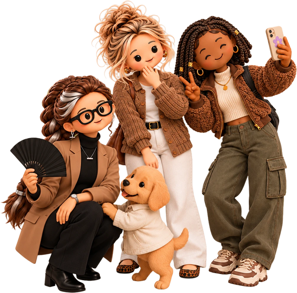 Four animated characters and a small dog pose together, with one woman holding a phone taking a selfie.