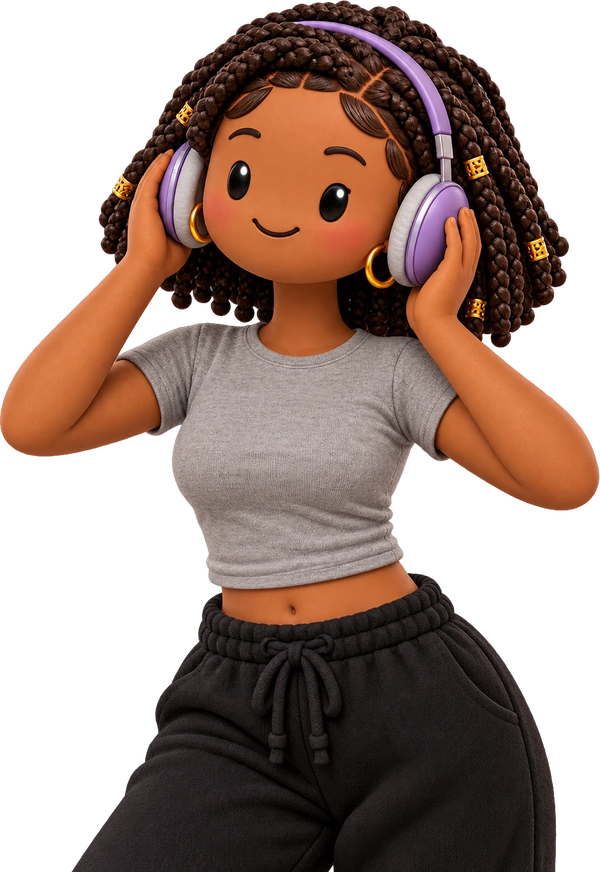 A character wearing headphones and casual clothing, adjusting them on their head.