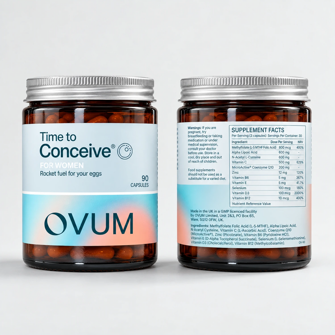 Two jars of Time to Conceive capsules by Ovum, showing supplement facts on one jar.