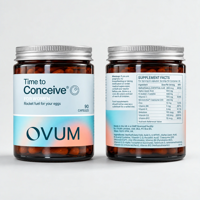 Two jars of Time to Conceive capsules by Ovum, showing supplement facts on one jar.