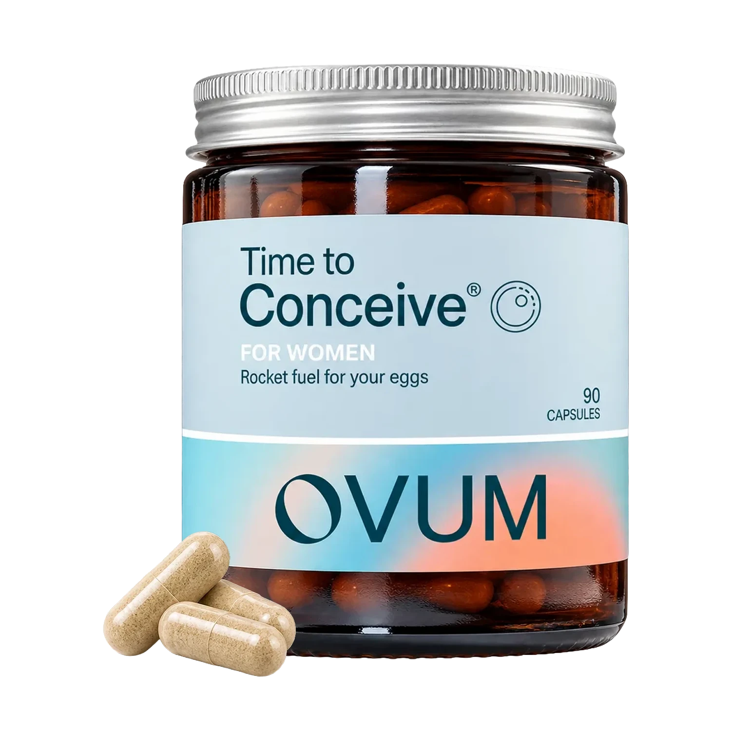 A jar of OVUM 'Time to Conceive' dietary supplement capsules on a white background, with three beige capsules placed in front of the jar.