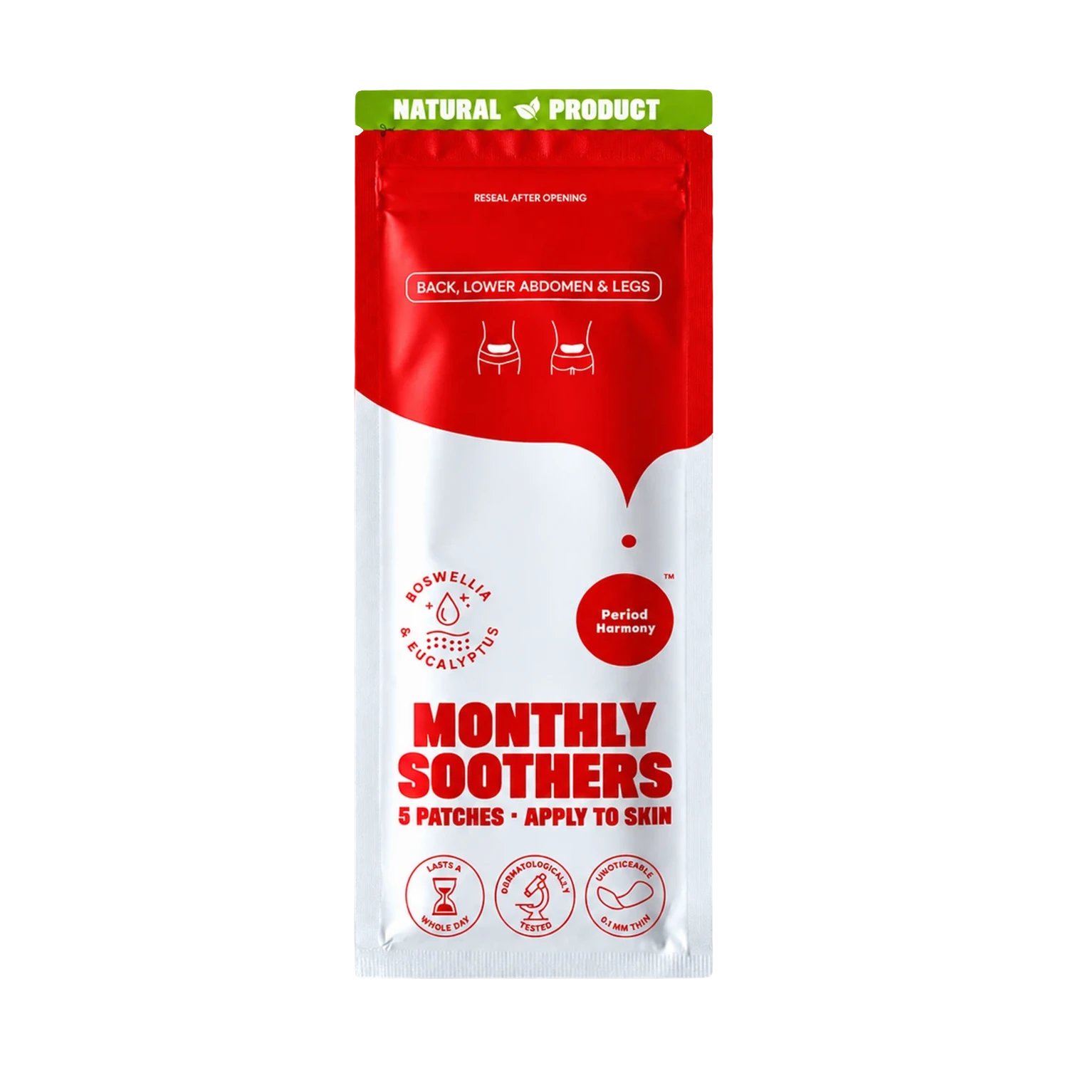 Monthly Soothers menstrual pain relief patches in a resealable pouch. The packaging is white and red with a green 'NATURAL PRODUCT' banner at the top.