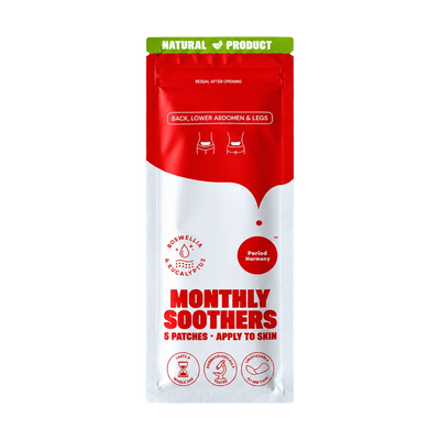 Monthly Soothers menstrual pain relief patches in a resealable pouch. The packaging is white and red with a green 'NATURAL PRODUCT' banner at the top.