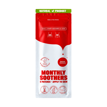 Monthly Soothers menstrual pain relief patches in a resealable pouch. The packaging is white and red with a green 'NATURAL PRODUCT' banner at the top.