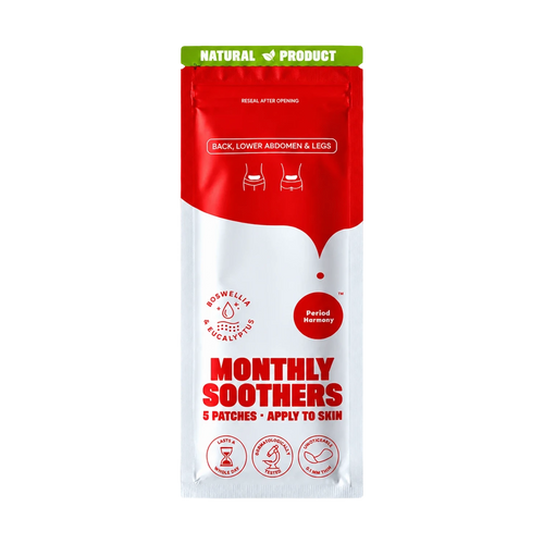 Monthly Soothers menstrual pain relief patches in a resealable pouch. The packaging is white and red with a green 'NATURAL PRODUCT' banner at the top.