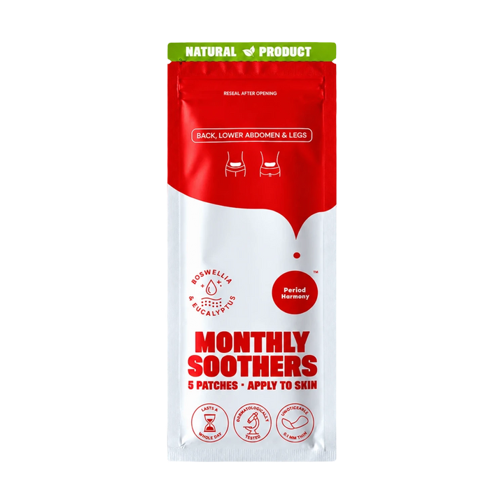 Monthly Soothers menstrual pain relief patches in a resealable pouch. The packaging is white and red with a green 'NATURAL PRODUCT' banner at the top.