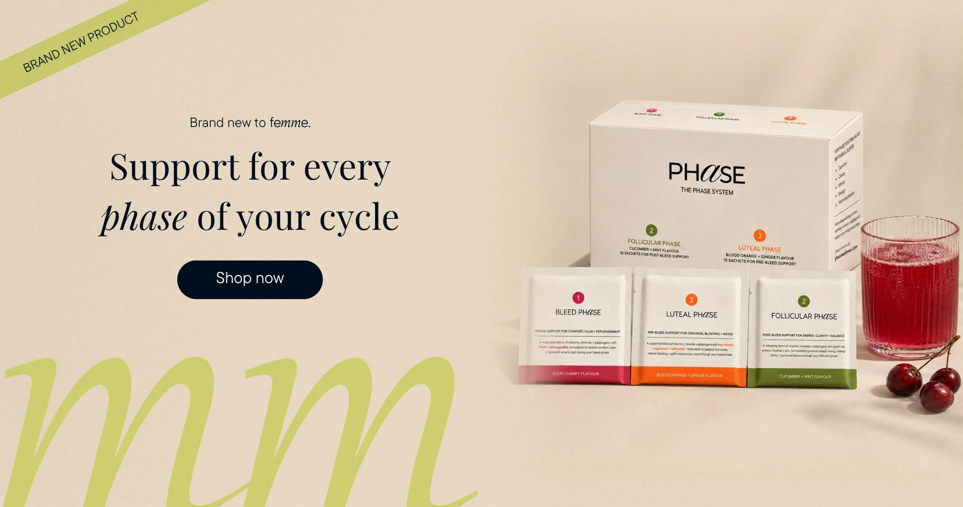 PHASE The Menstrual System product set displayed on a warm beige background, featuring a white main box, three smaller sachets labeled Sleep Phase, Luteal Phase, and Follicular Phase, a glass of dark red liquid, and cherries. Text on the left reads 'Support for every phase of your cycle' with a 'Shop now' button.