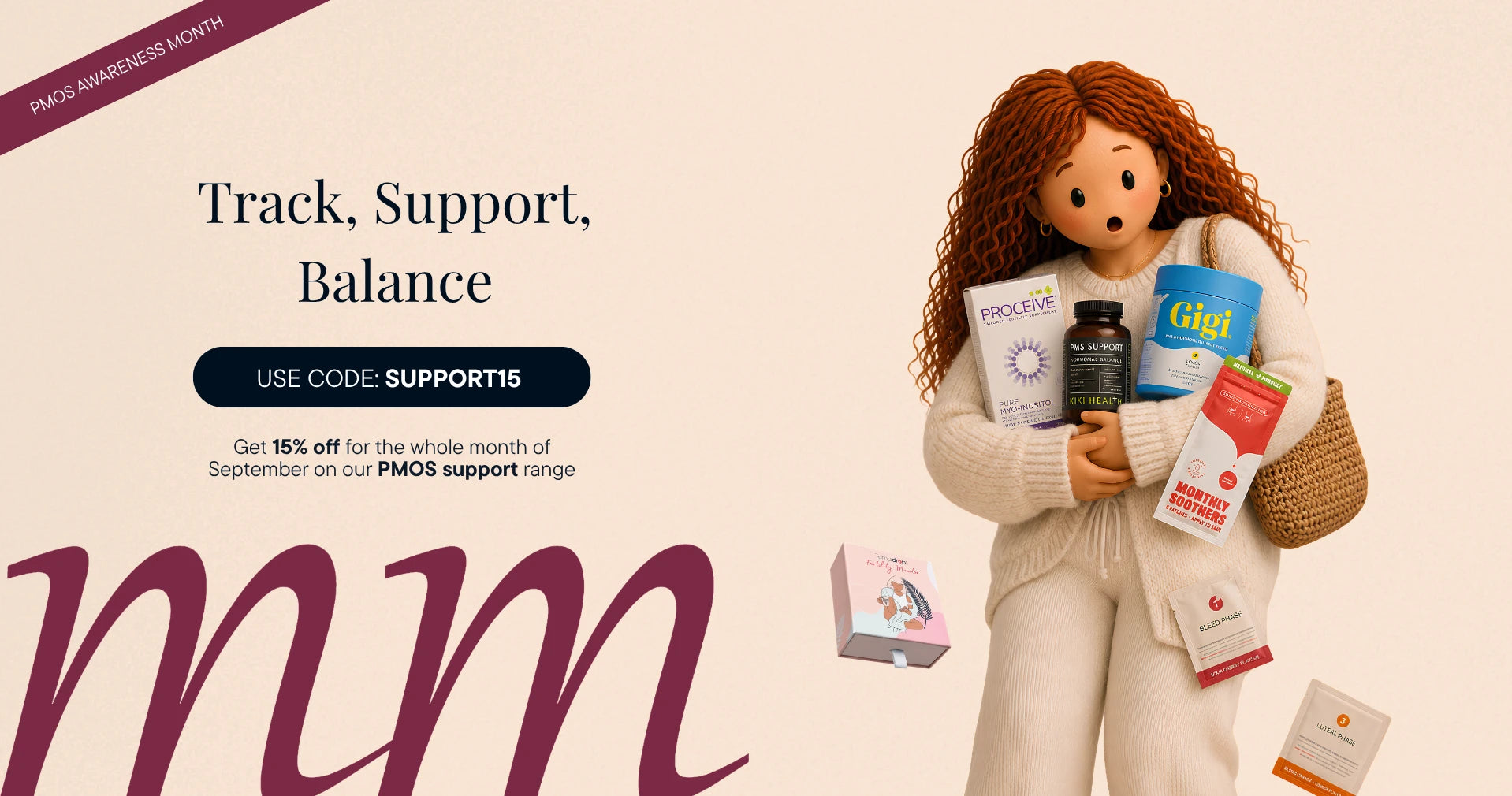 Promotional graphic for PMOS support products featuring a cartoon woman with curly red hair holding several supplement boxes and bottles, alongside large decorative text and a discount banner on a light beige background.