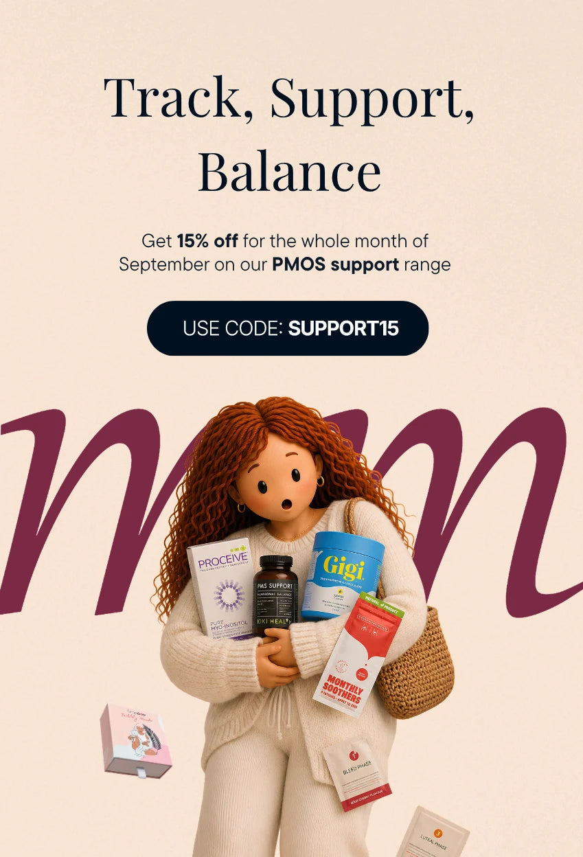 Promotional graphic with the text 'Track, Support, Balance' and a discount offer for PMOS support range. A stylized doll wearing a cream sweater holds several supplement boxes and bottles, including Procover, Gizi, and Red Eye, against a beige background with large purple lettering.