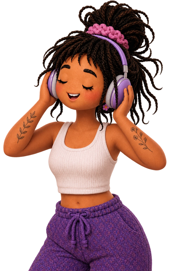 A person wearing headphones and purple clothing with floral tattoos on their arms.