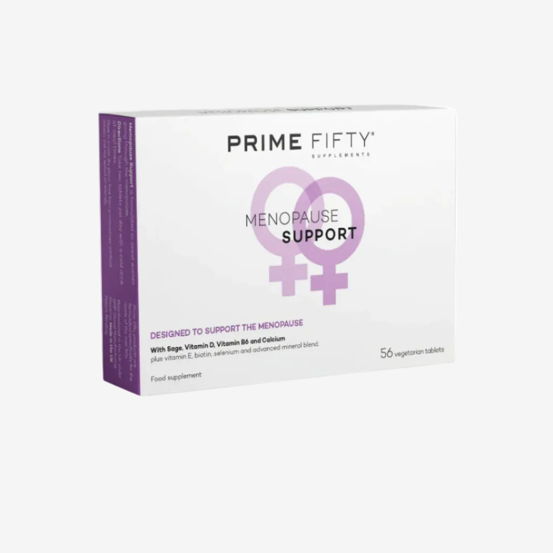 Box of Prime Fifty Menopause Support supplement on a white background