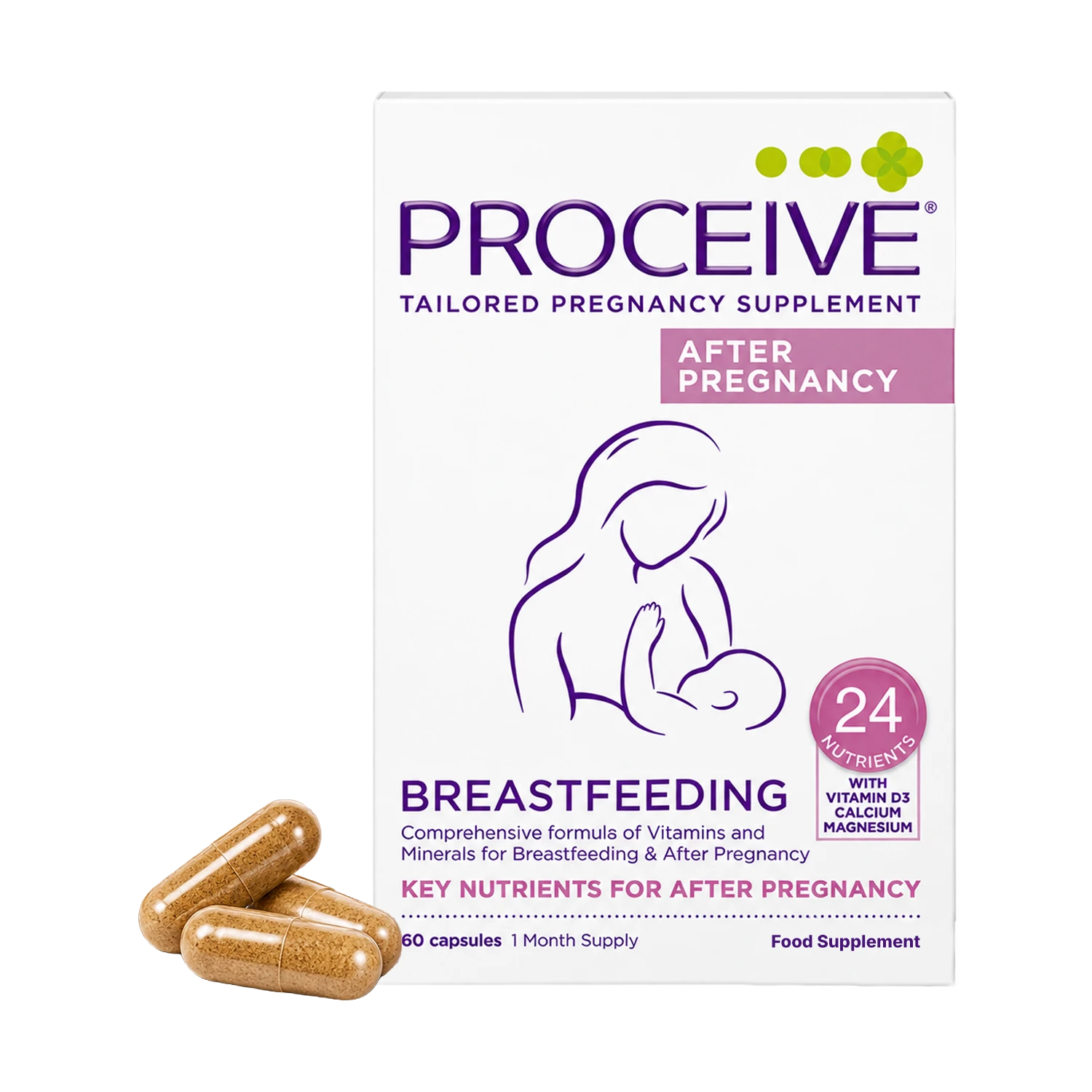 Proceive Tailored Pregnancy Supplement box for breastfeeding, shown with three brown capsules in front on a white background.