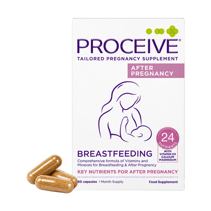 Proceive Tailored Pregnancy Supplement box for breastfeeding, shown with three brown capsules in front on a white background.