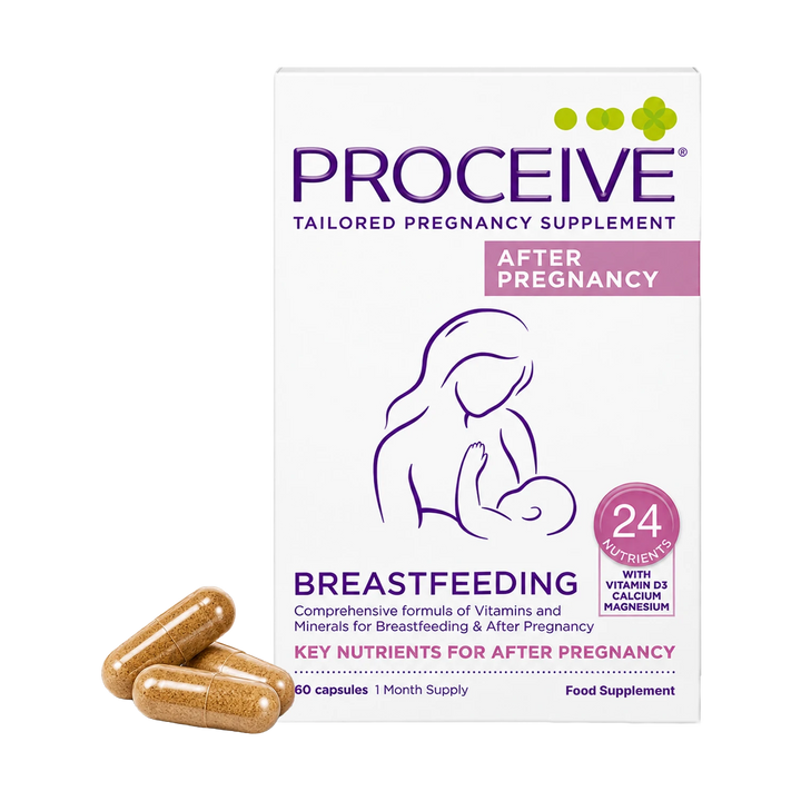 Proceive Tailored Pregnancy Supplement box for breastfeeding, shown with three brown capsules in front on a white background.