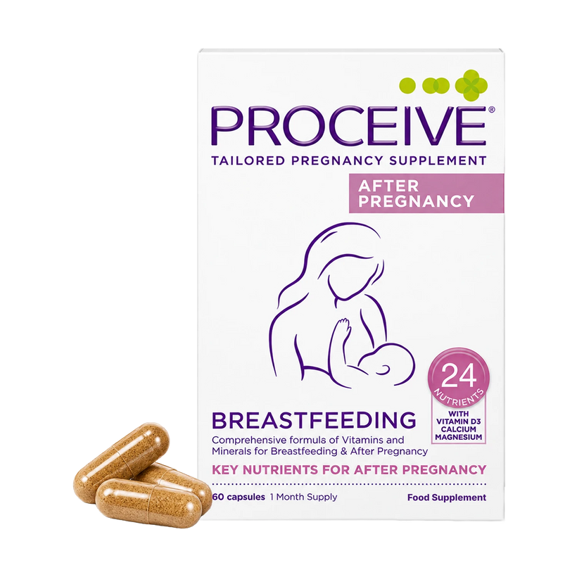 Proceive Tailored Pregnancy Supplement box for breastfeeding, shown with three brown capsules in front on a white background.