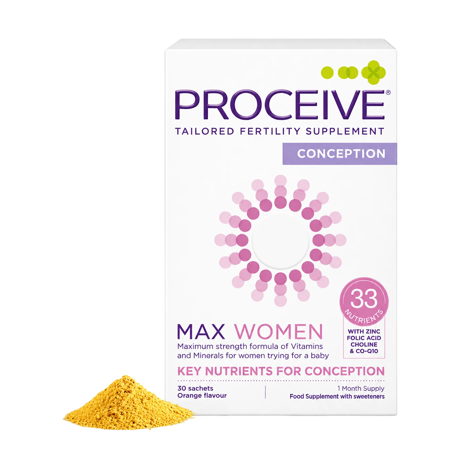 Proceive Conception Tailored Fertility Supplement box in white with purple and pink text, shown on a white background with a small pile of yellow-orange powder in front.