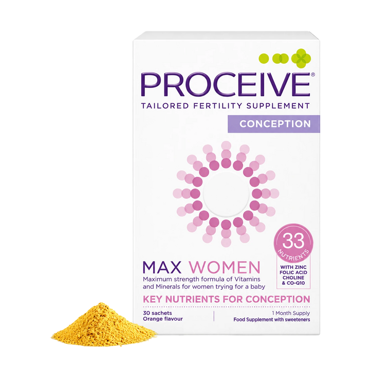 Proceive Conception Tailored Fertility Supplement box in white with purple and pink text, shown on a white background with a small pile of yellow-orange powder in front.