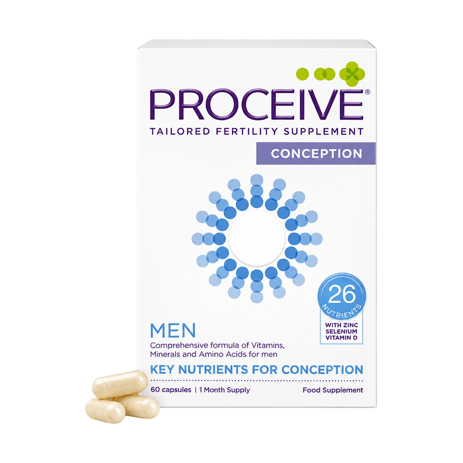 Proceive Conception tailored fertility supplement box for men, shown on a white background with two beige capsules in front. The packaging is white with purple and blue text and graphics.