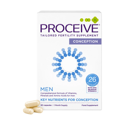 Proceive Conception tailored fertility supplement box for men, shown on a white background with two beige capsules in front. The packaging is white with purple and blue text and graphics.