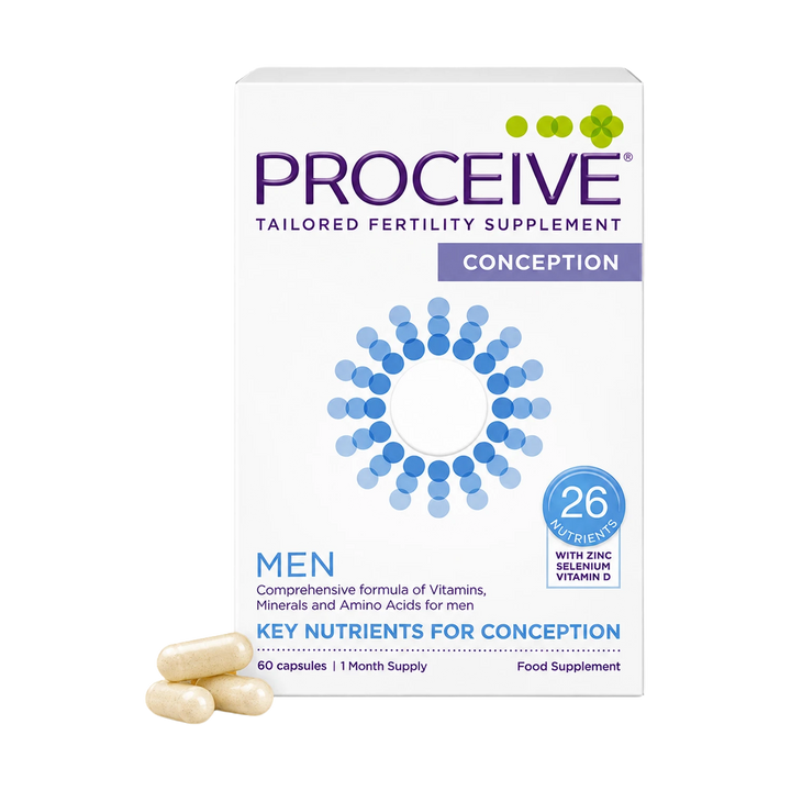 Proceive Conception tailored fertility supplement box for men, shown on a white background with two beige capsules in front. The packaging is white with purple and blue text and graphics.