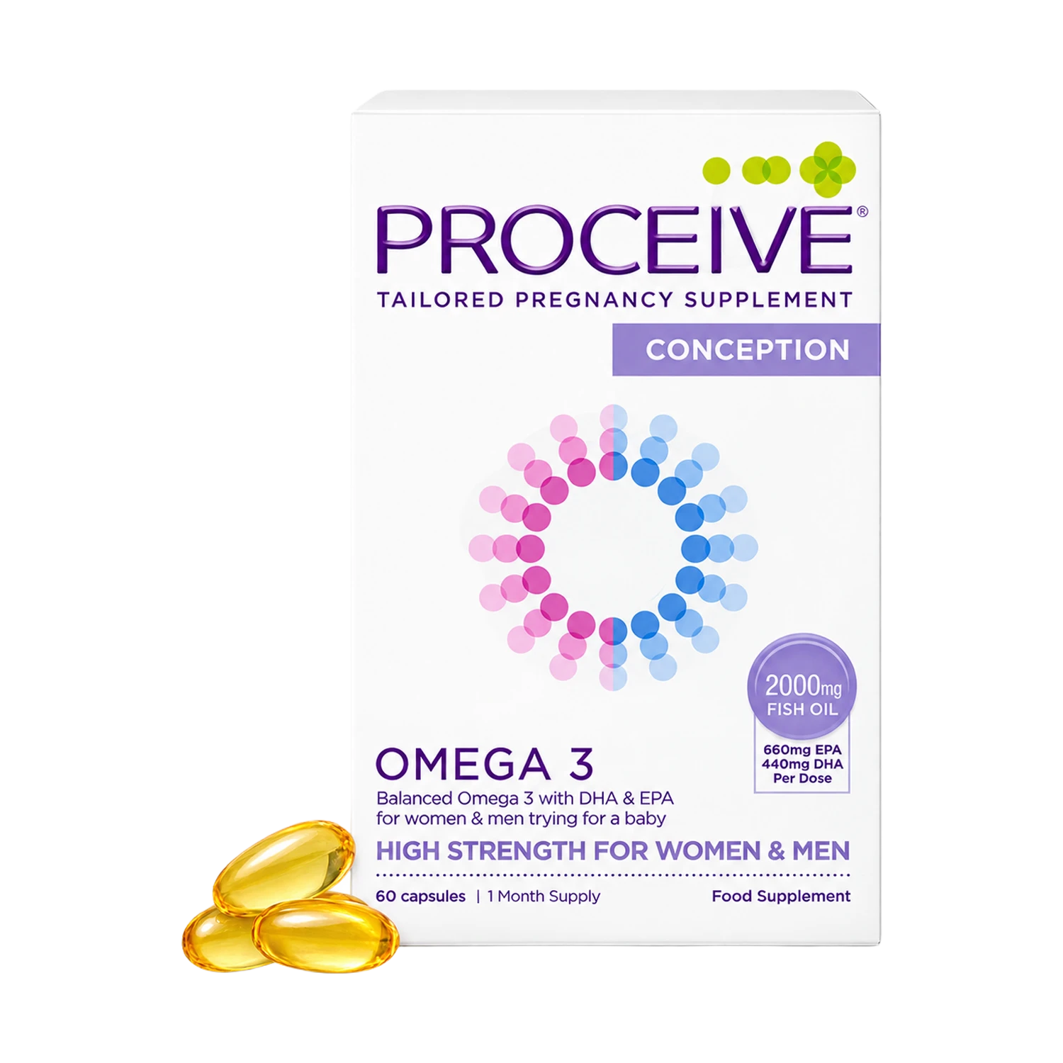 Proceive Conception Omega 3 tailored pregnancy supplement box with three golden oil capsules in front, on a white background.
