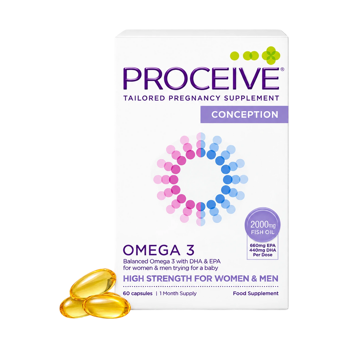 Proceive Conception Omega 3 tailored pregnancy supplement box with three golden oil capsules in front, on a white background.