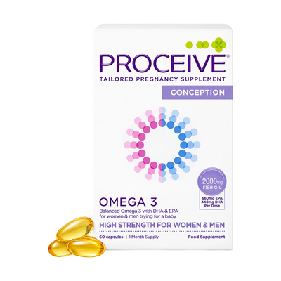 Proceive Conception Omega 3 tailored pregnancy supplement box with three golden oil capsules in front, on a white background.