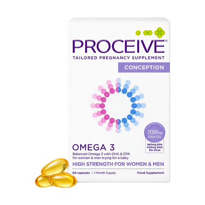 Proceive Conception Omega 3 tailored pregnancy supplement box with three golden oil capsules in front, on a white background.