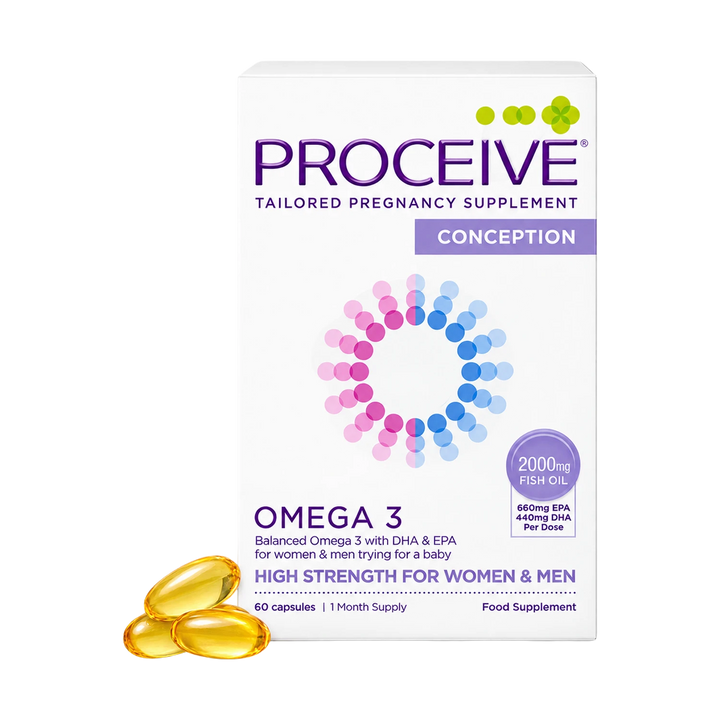 Proceive Conception Omega 3 tailored pregnancy supplement box with three golden oil capsules in front, on a white background.