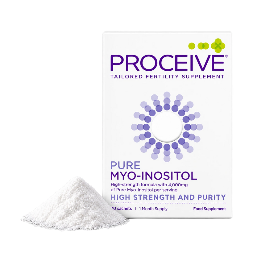 A packet of Proceive Pure Myo-Inositol powder supplement next to a pile of white powder.