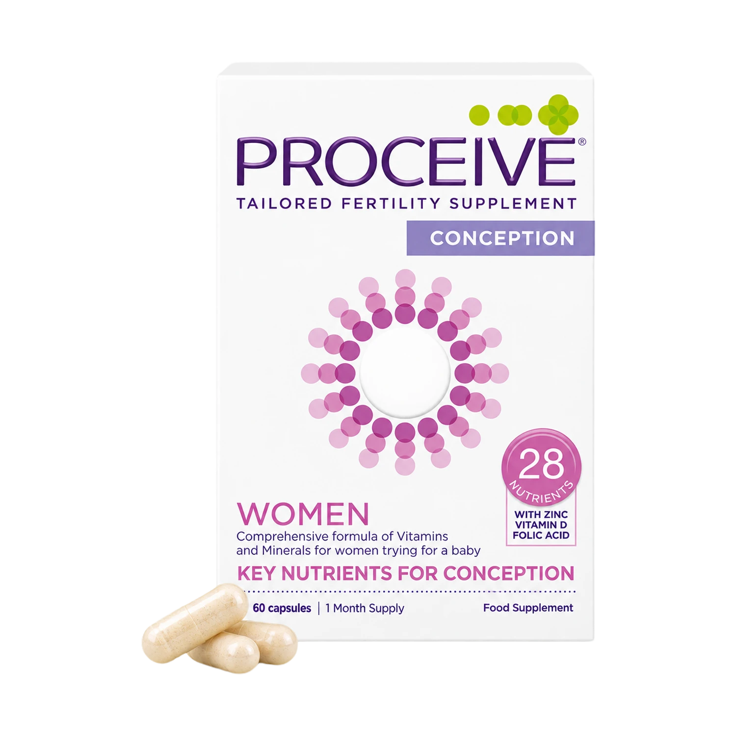 Proceive Conception tailored fertility supplement box for women, shown on a white background with two capsules in front.