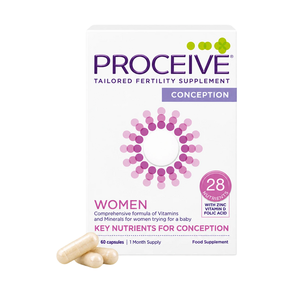 Proceive Conception tailored fertility supplement box for women, shown on a white background with two capsules in front.
