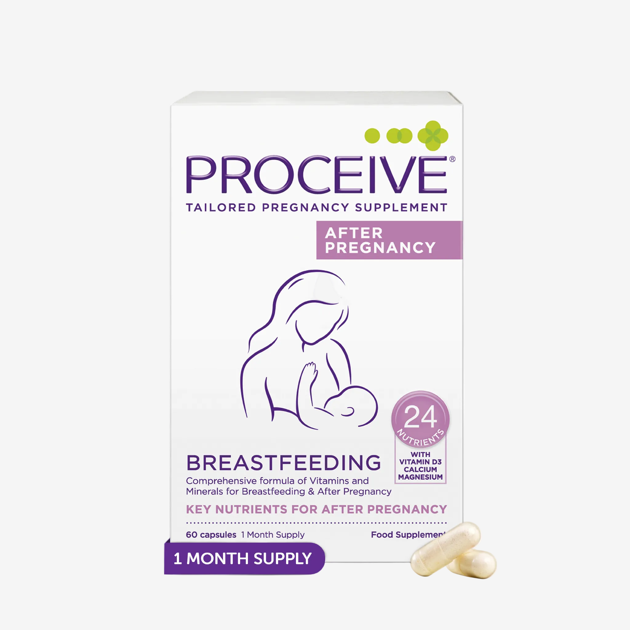 Proceive tailored pregnancy supplement packaging for breastfeeding and after pregnancy on a white background