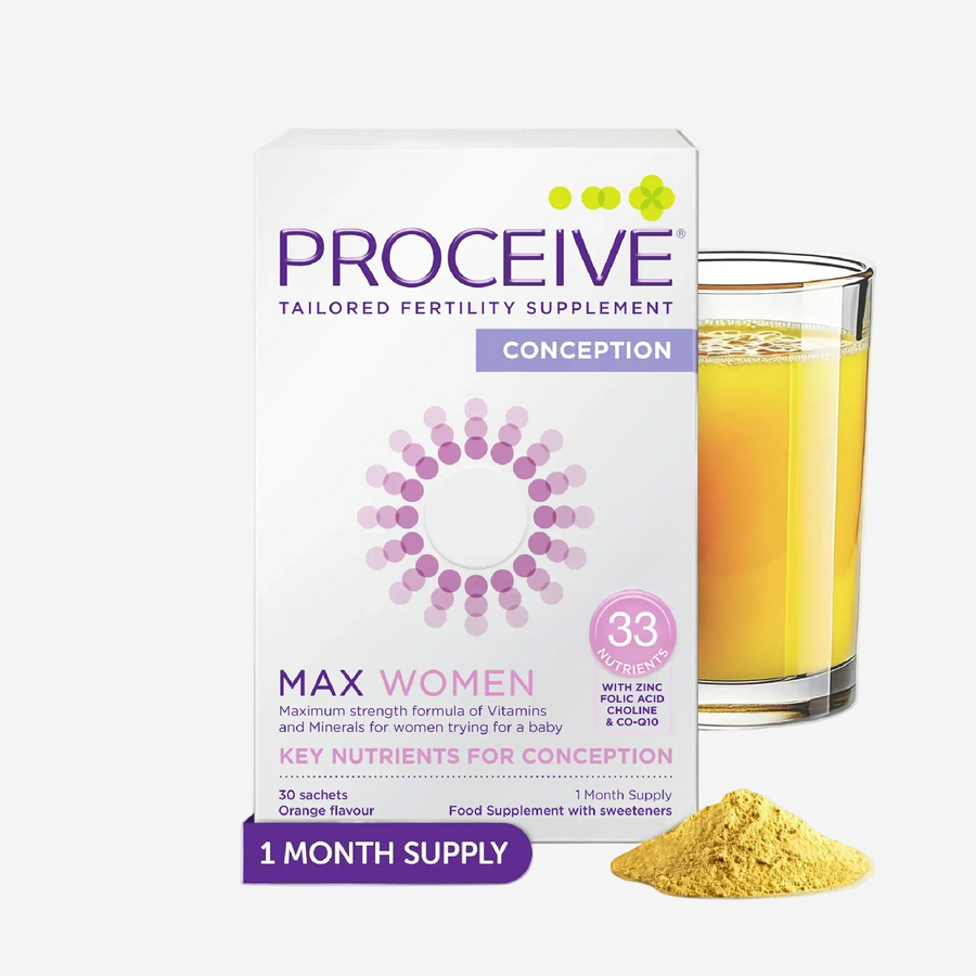 Proceive fertility supplement packaging with a glass of orange juice and powder on a white background
