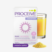 Proceive fertility supplement packaging with a glass of orange juice and powder on a white background