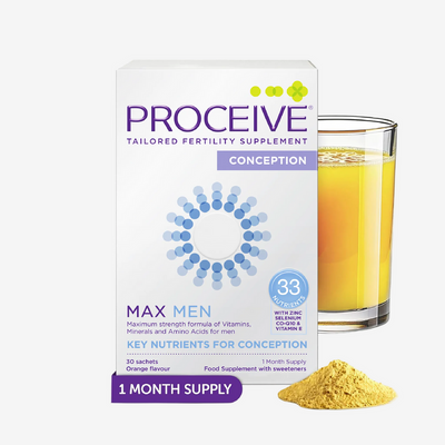 Proceive fertility supplement packaging with a glass of orange juice and powder on a white background