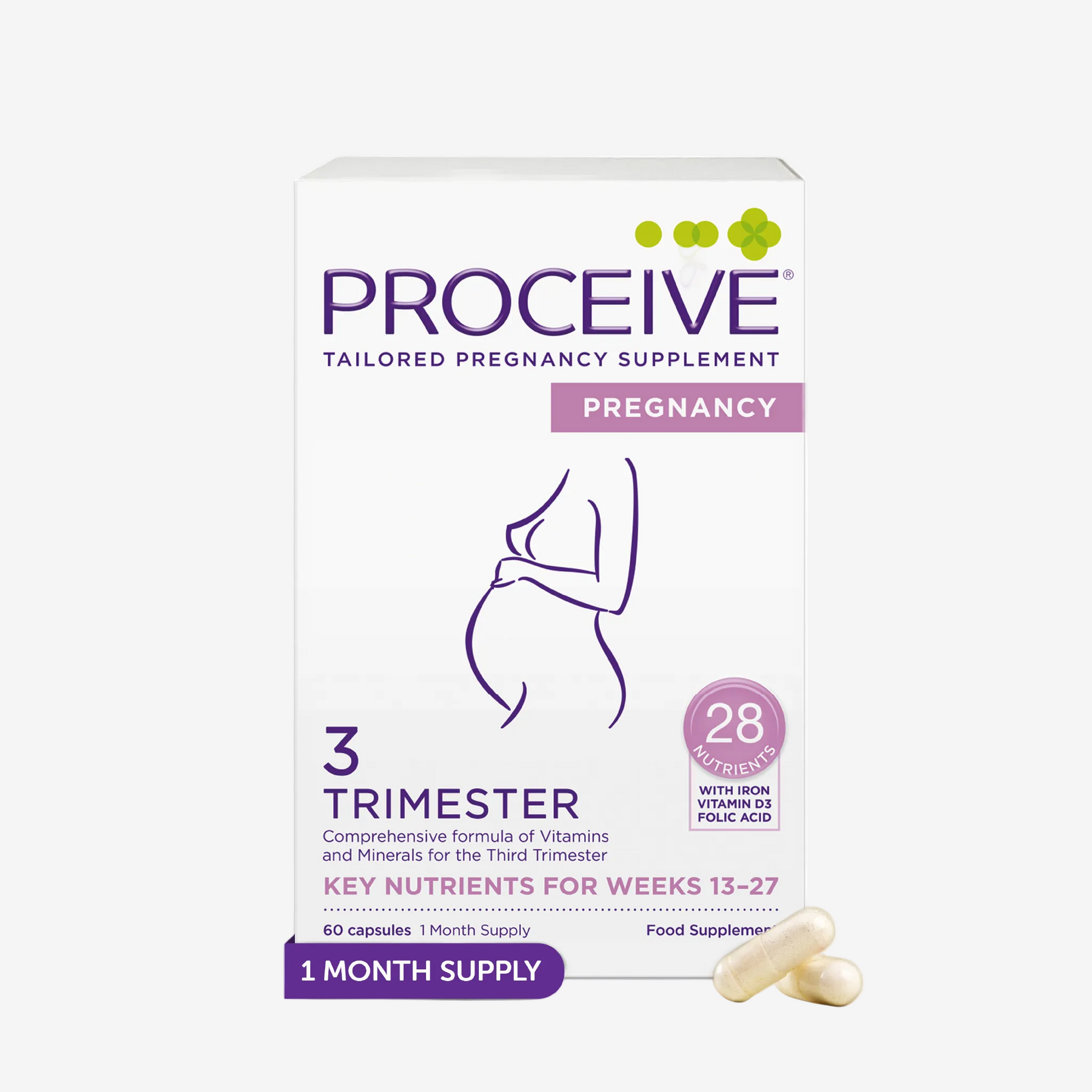Proceive pregnancy supplement packaging with vitamins on a white background