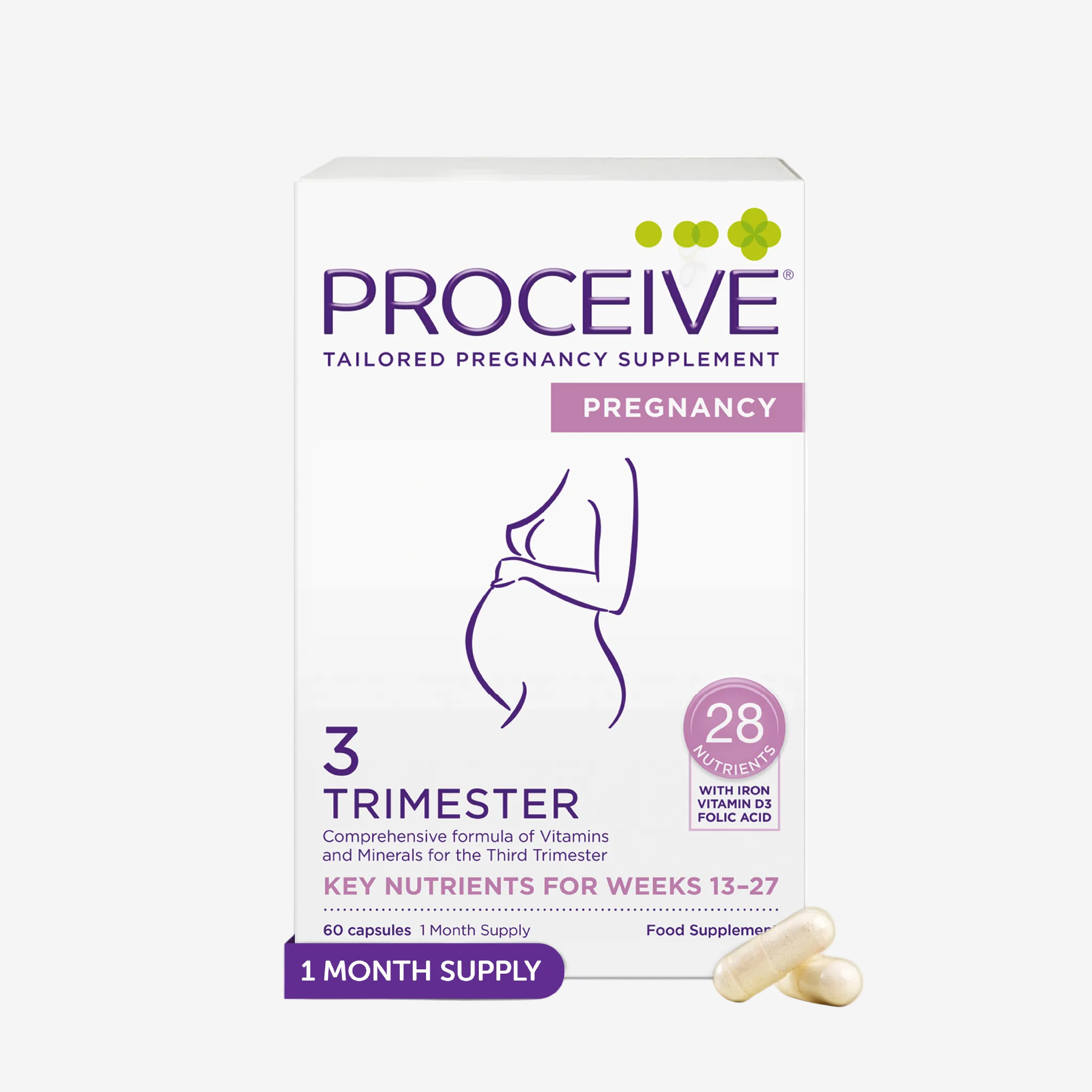 Proceive pregnancy supplement packaging with vitamins on a white background
