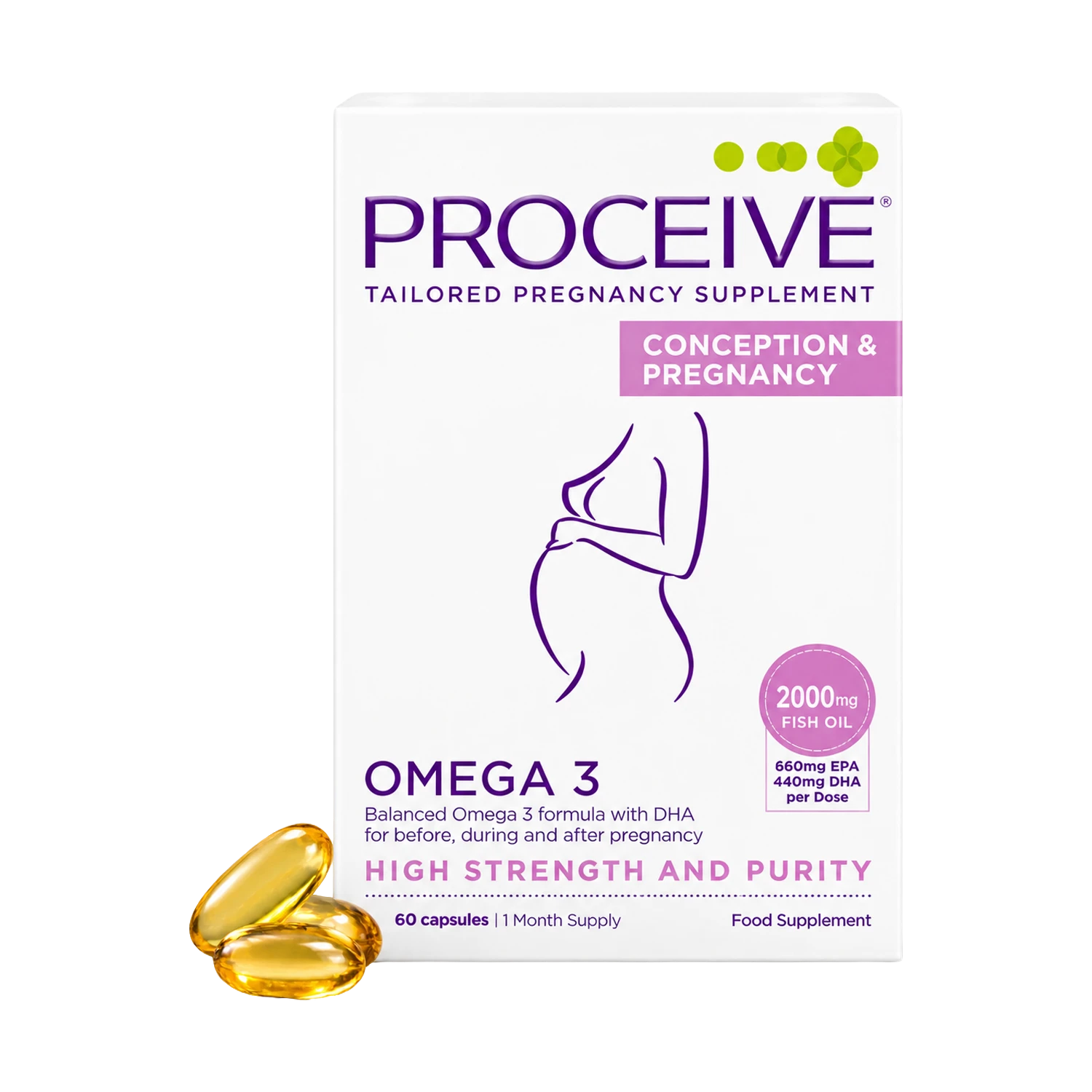 Proceive Tailored Pregnancy Supplement Omega 3 box shown on a white background, with three golden-yellow softgel capsules placed in front. The packaging is white with purple and pink text and graphics, and the box reads 'Conception & Pregnancy' and 'High Strength and Purity.