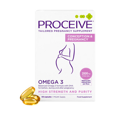 Proceive Tailored Pregnancy Supplement Omega 3 box shown on a white background, with three golden-yellow softgel capsules placed in front. The packaging is white with purple and pink text and graphics, and the box reads 'Conception & Pregnancy' and 'High Strength and Purity.