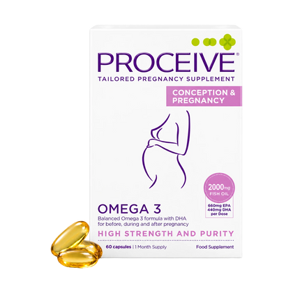 Proceive Tailored Pregnancy Supplement Omega 3 box shown on a white background, with three golden-yellow softgel capsules placed in front. The packaging is white with purple and pink text and graphics, and the box reads 'Conception & Pregnancy' and 'High Strength and Purity.