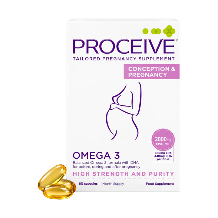 Proceive Tailored Pregnancy Supplement Omega 3 box shown on a white background, with three golden-yellow softgel capsules placed in front. The packaging is white with purple and pink text and graphics, and the box reads 'Conception & Pregnancy' and 'High Strength and Purity.