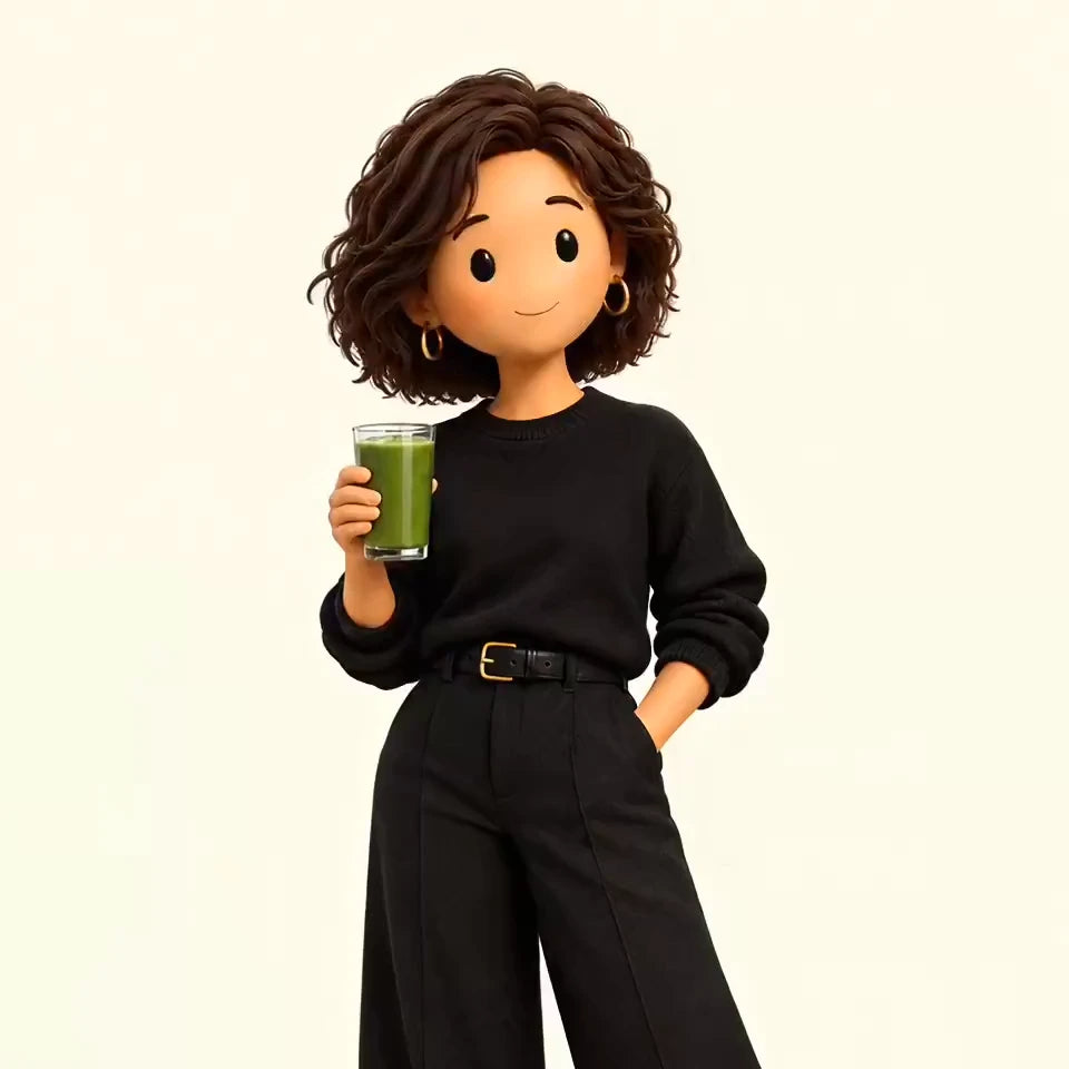 A cartoon character holding a glass of green liquid wearing a black top and trousers.
