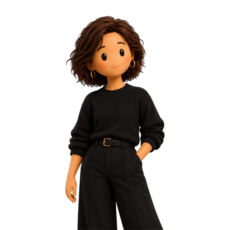 A cartoon character wearing a black sweater and belted trousers with hands in pockets.