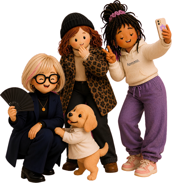 Four animated figures pose together, including an elderly woman holding a fan, a young girl taking a selfie, another young girl wearing femme sweatshirt, and a