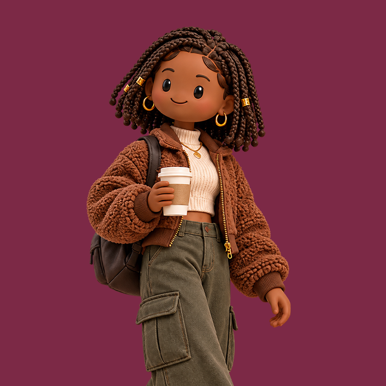 A stylised figure wearing a brown jacket, white top, grey cargo pants, and holding a coffee cup.
