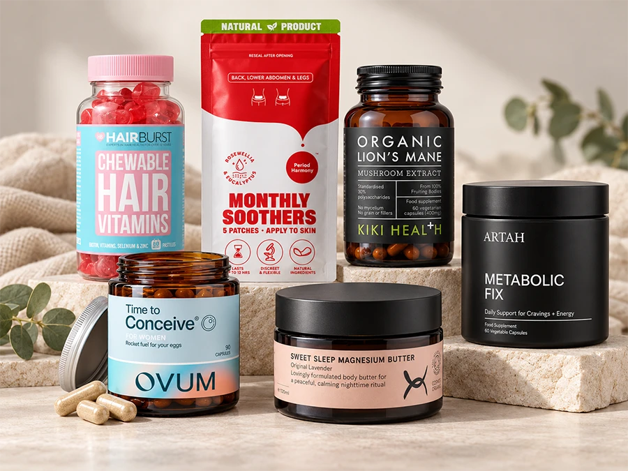 Six supplement containers arranged on a surface including Hairburst Chewable Hair Vitamins, Rosemary Monthly Soothers patches, Kiki Health Organic Lion's Mane M