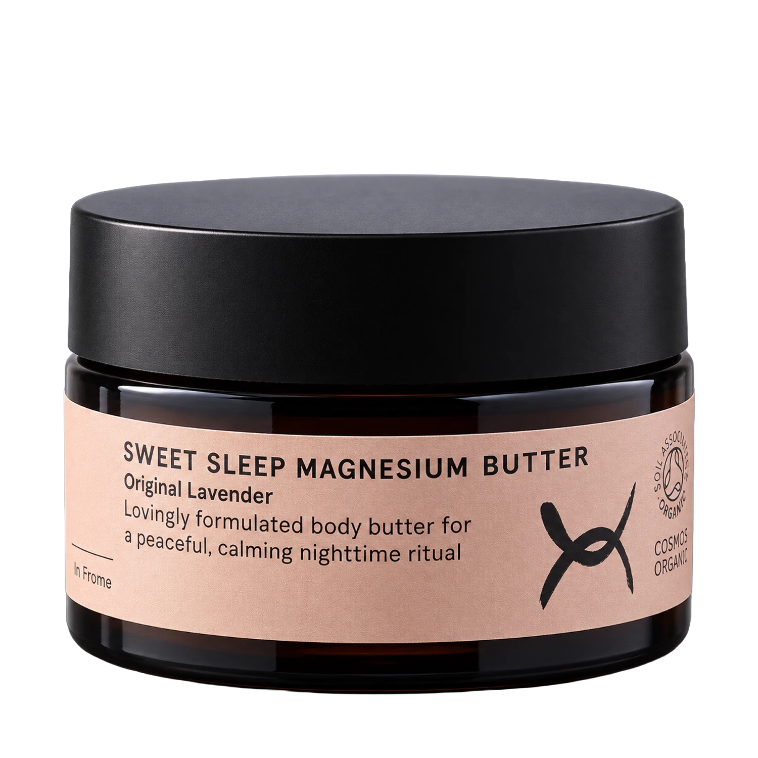 A dark amber glass jar of 'Sweet Sleep Magnesium Butter' with a matte black lid and a light pink label, shown on a solid white background.