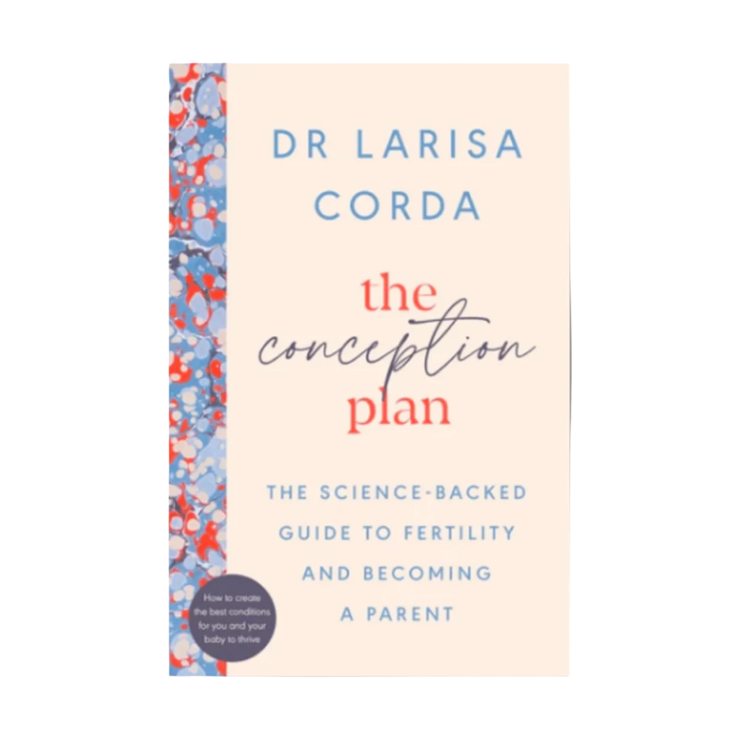 The front cover of the book 'The Conception Plan' by Dr. Larisa Corda, featuring a light peach background with blue and red text and a blue, red, and white abstract patterned vertical stripe on the left side.